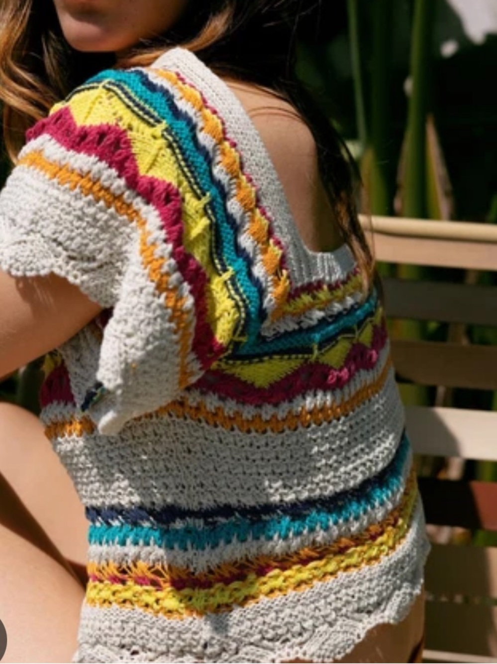 Zara Cream Crochet Top with Pink Yellow Teal Stripes